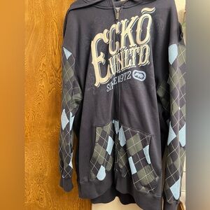 Blue zip up hoodie, with sky blue and grey argyle pattern. Size 3XL